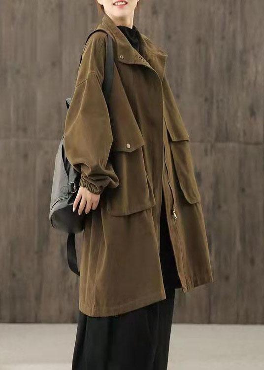 Handmade Coffee Casual zippered Pockets Patchwork Fall trench coats - Omychic