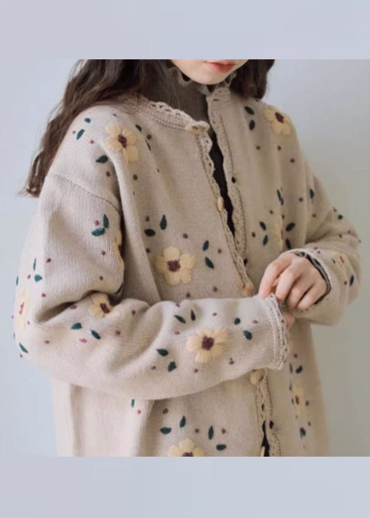 Handmade Coffee Embroideried Floral Lace Patchwork Cotton Knit Coats Long Sleeve