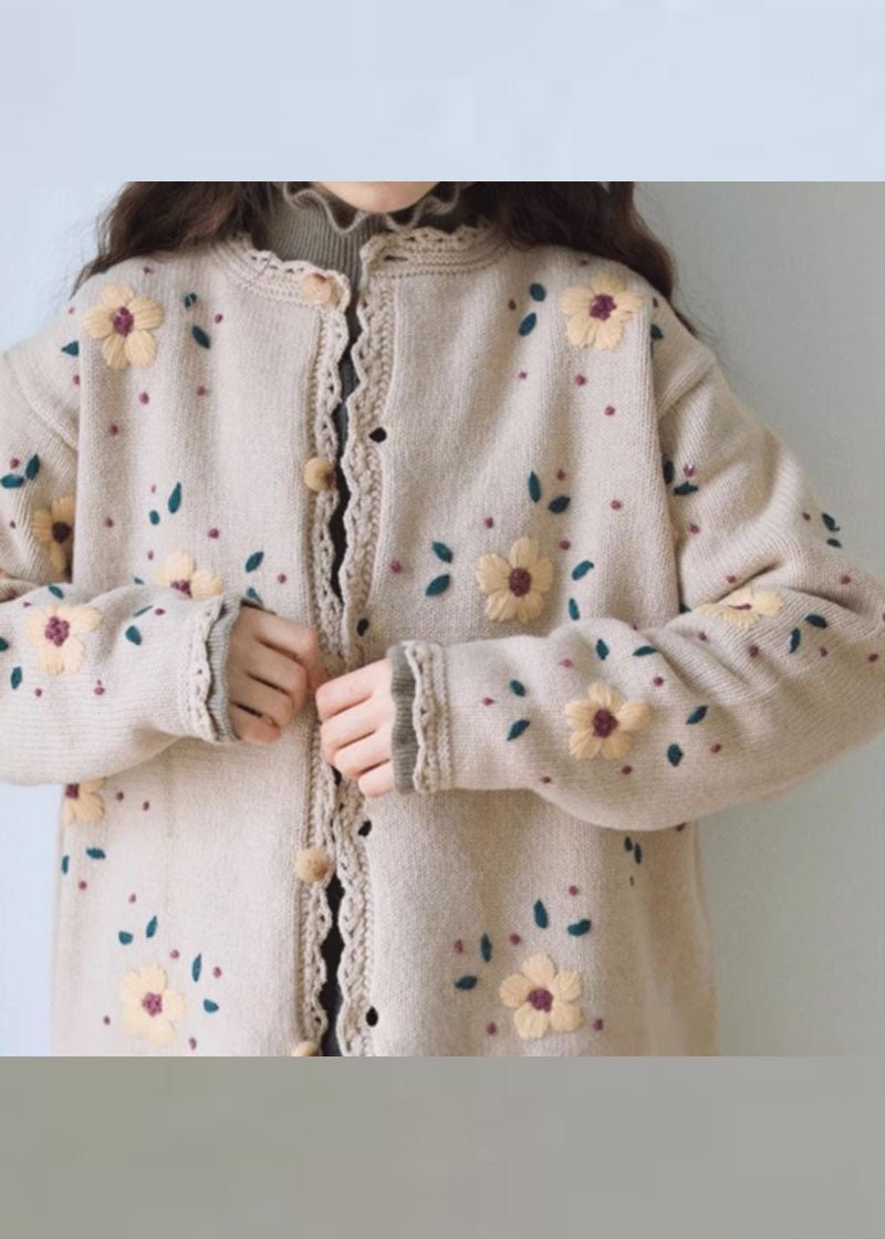 Handmade Coffee Embroideried Floral Lace Patchwork Cotton Knit Coats Long Sleeve