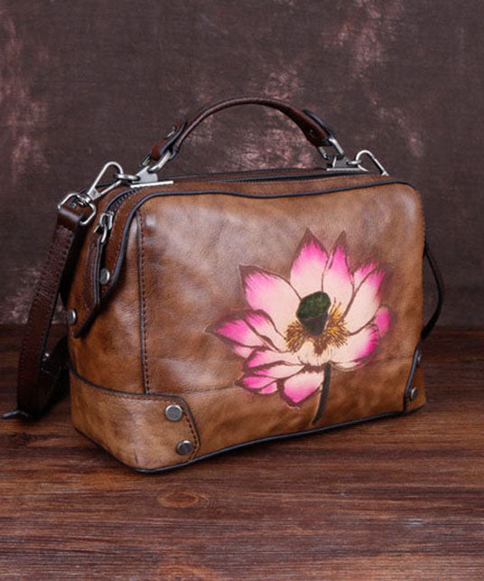 Handmade Coffee Floral Paitings Calf Leather Satchel Handbag