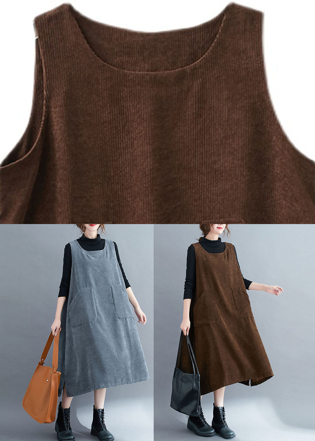 Handmade Coffee Pockets Patchwork Corduroy Sweatshirts Dress Sleeveless