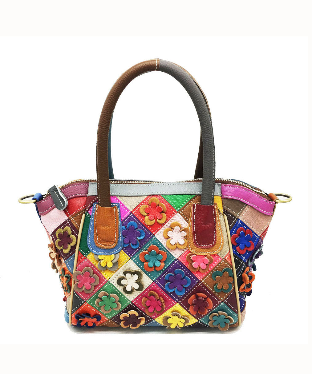 Handmade Colorblock Floral Patchwork Calf Leather Tote Handbag