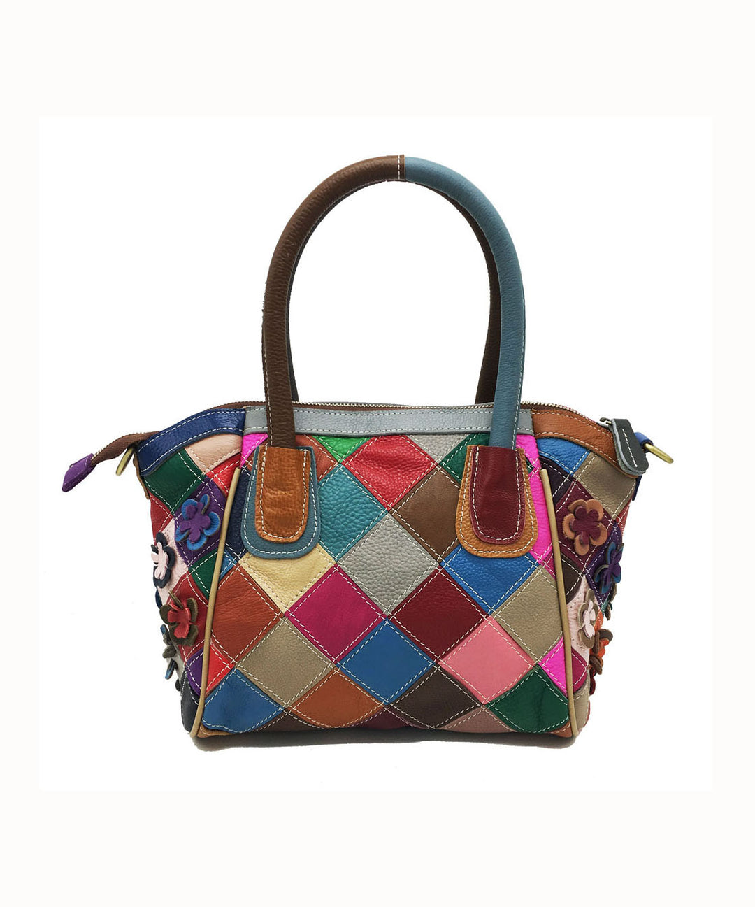 Handmade Colorblock Floral Patchwork Calf Leather Tote Handbag