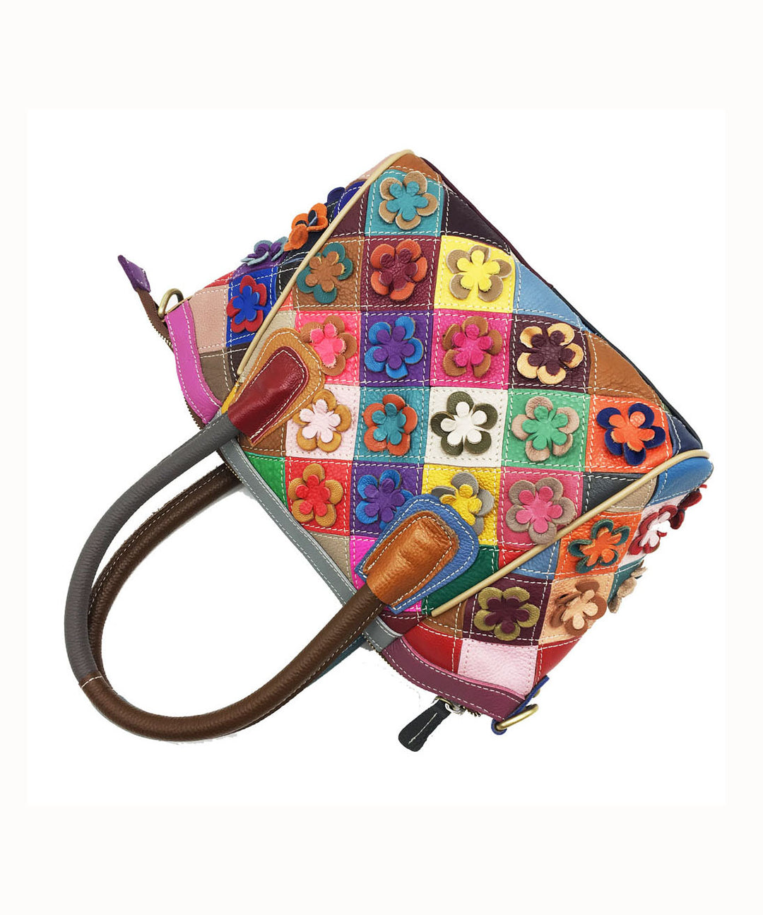 Handmade Colorblock Floral Patchwork Calf Leather Tote Handbag