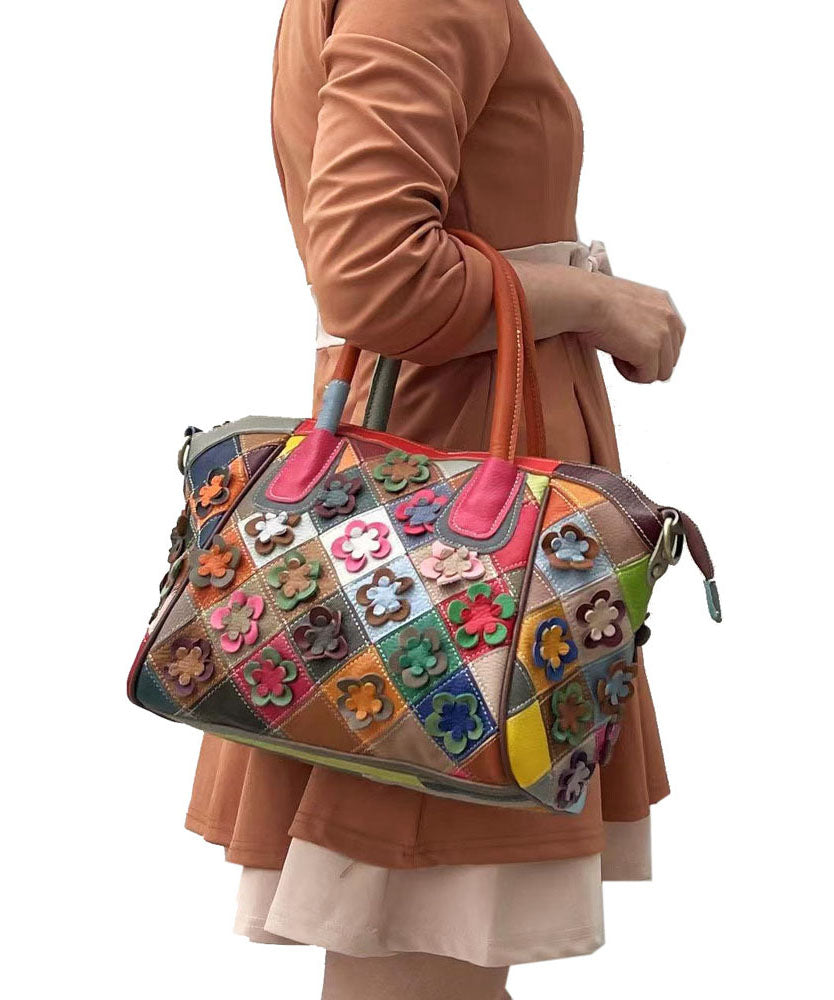 Handmade Colorblock Floral Patchwork Calf Leather Tote Handbag