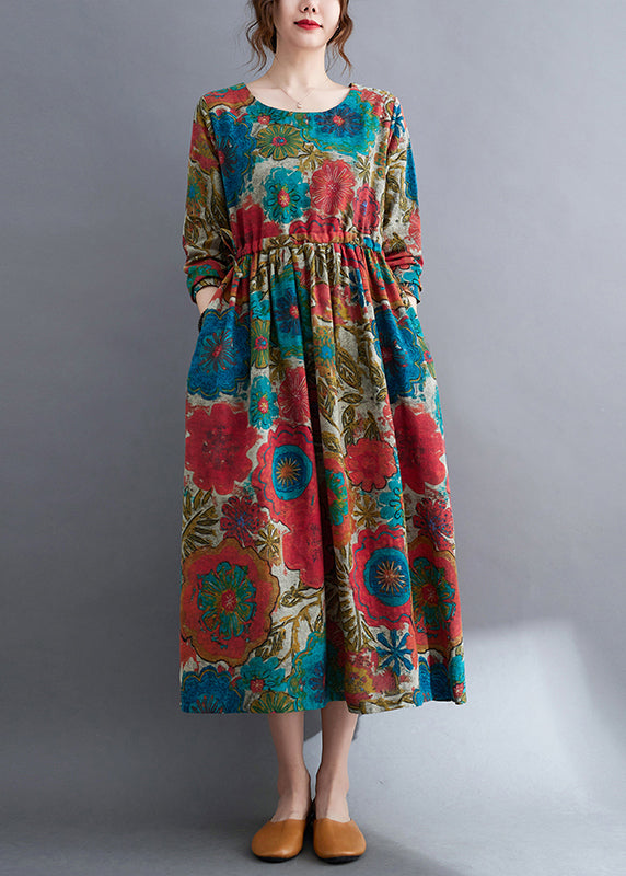 Handmade Colorblock O-Neck Cinched drawstring Print Linen Dress Long Sleeve