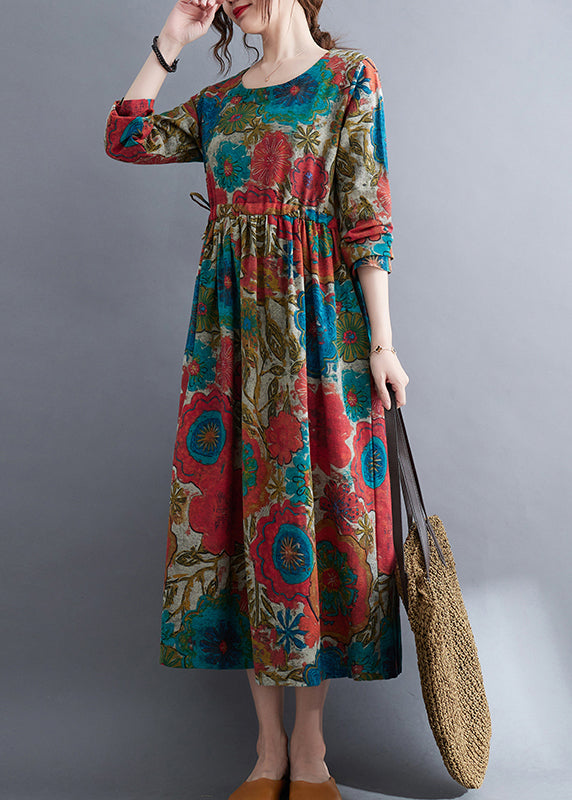 Handmade Colorblock O-Neck Cinched drawstring Print Linen Dress Long Sleeve