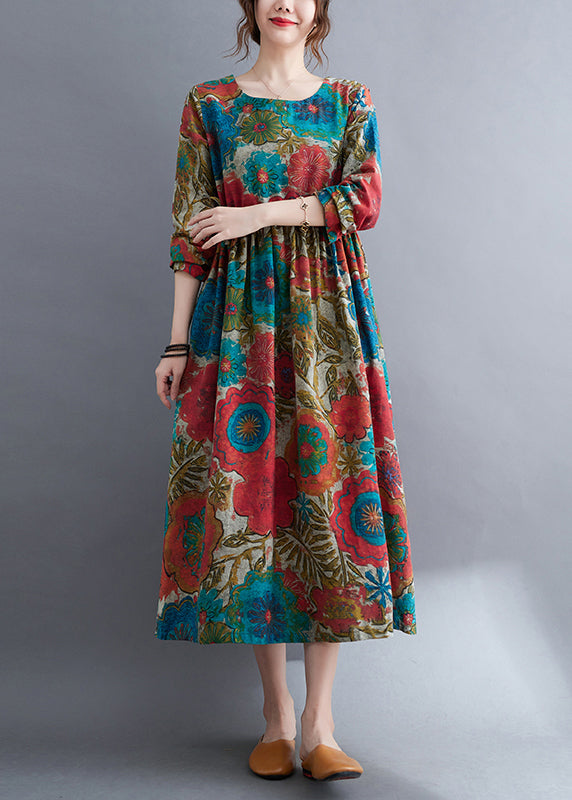 Handmade Colorblock O-Neck Cinched drawstring Print Linen Dress Long Sleeve