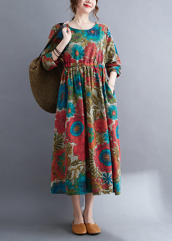 Handmade Colorblock O-Neck Cinched drawstring Print Linen Dress Long Sleeve