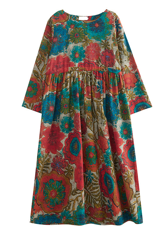 Handmade Colorblock O-Neck Cinched drawstring Print Linen Dress Long Sleeve