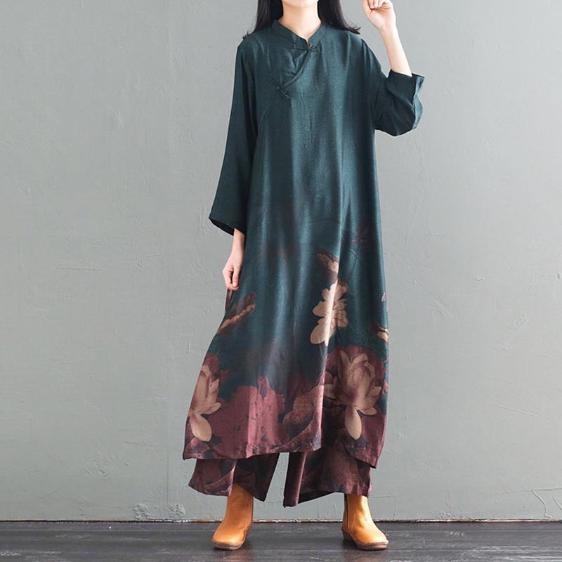 Handmade Cotton clothes Women plus size Print Stand Collar Silk Dress And Wide Leg Pants - Omychic