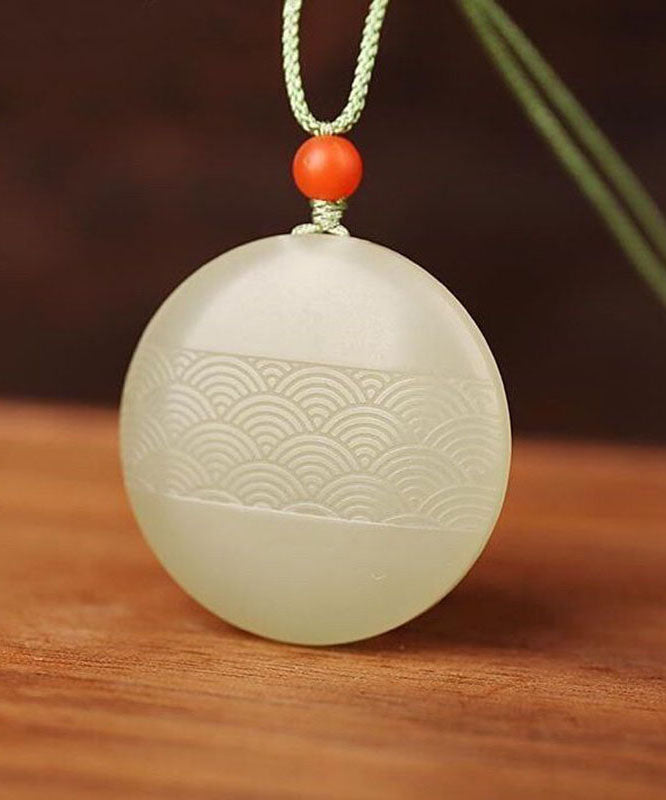 Handmade Cyan Jade Round Carving Pendant Necklace
