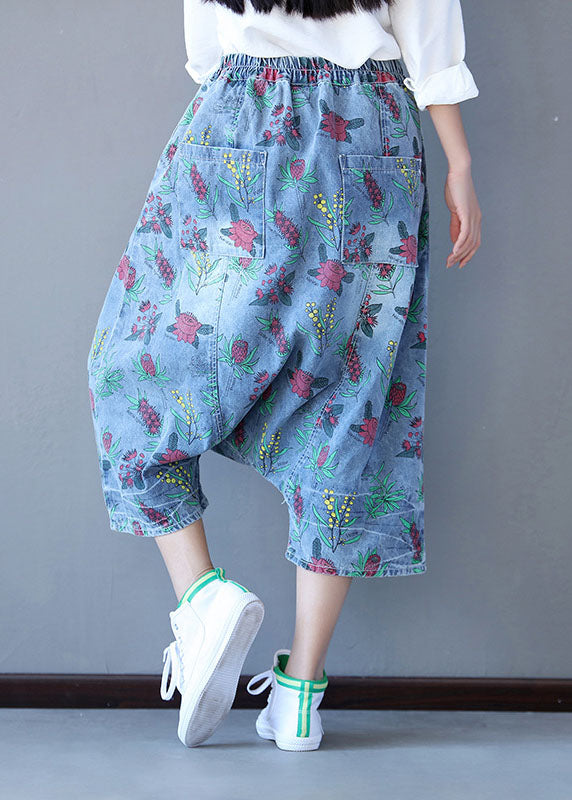 Handmade Denim Blue Elastic Waist Oversized Print Cotton Harem Pants Spring