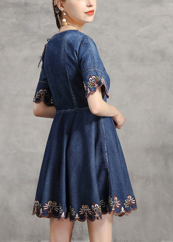 Handmade Denim Blue V Neck Embroideried Tie Waist Cotton Mini Dresses Short Sleeve