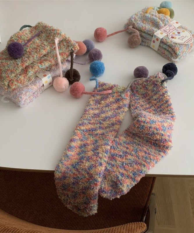 Handmade Fuzzy Ball Decorated Paitings Cashmere Crew Socks