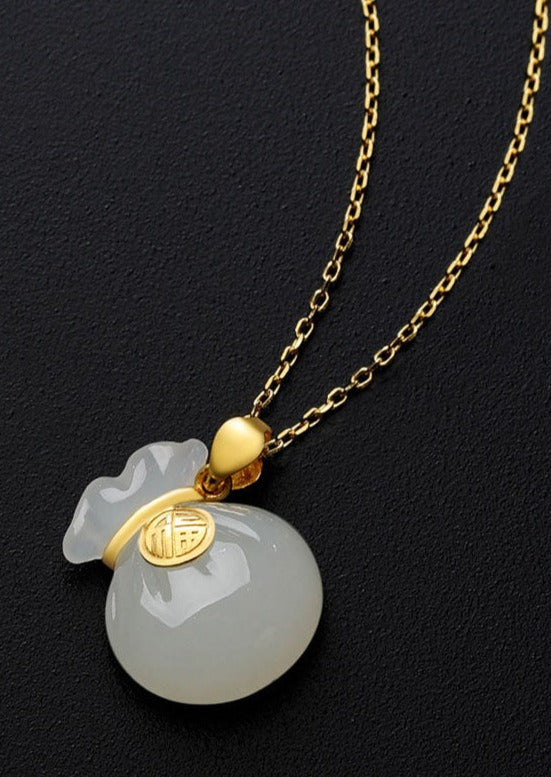 Handmade Gold Inlaid Jade Lucky Bag Pendant Necklace