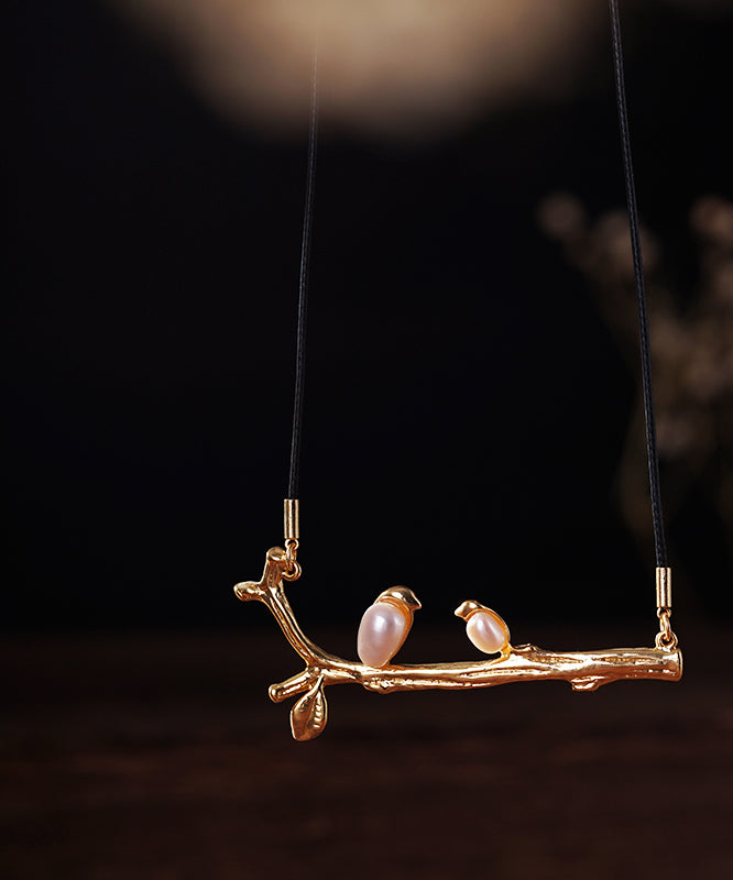 Handmade Gold Pearl Branch Little Bird Pendant Necklace