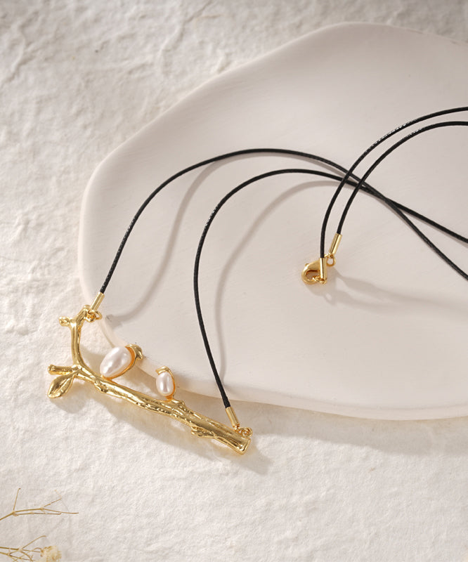 Handmade Gold Pearl Branch Little Bird Pendant Necklace