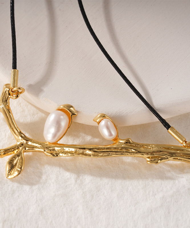 Handmade Gold Pearl Branch Little Bird Pendant Necklace