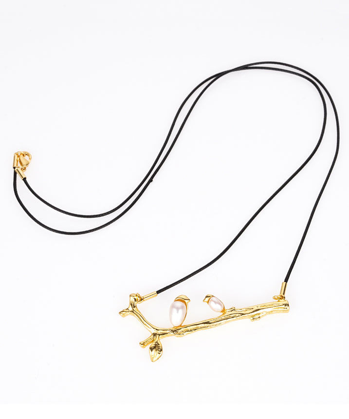 Handmade Gold Pearl Branch Little Bird Pendant Necklace
