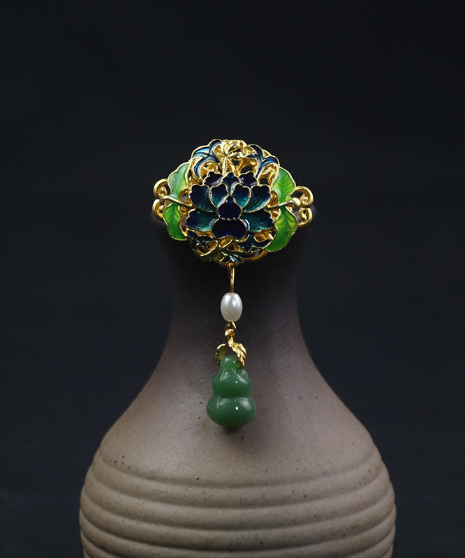 Handmade Green Ancient Gold Pearl Jade Gourd Enamel Tassel Brooches