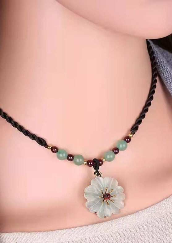 Handmade Green Crystal Jade Floral Pendant Necklace