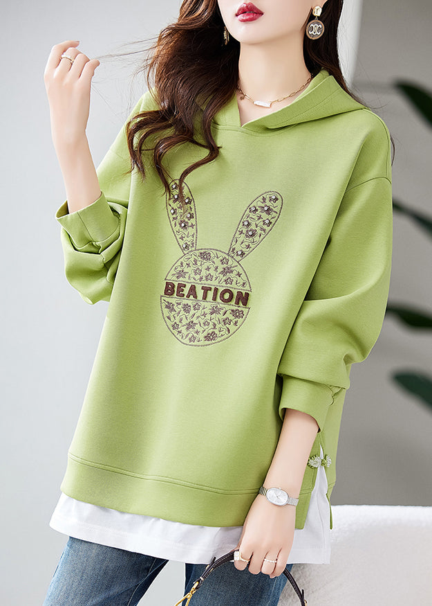 Handmade Green Embroideried Zircon Warm Fleece Sweatshirts Top Winter