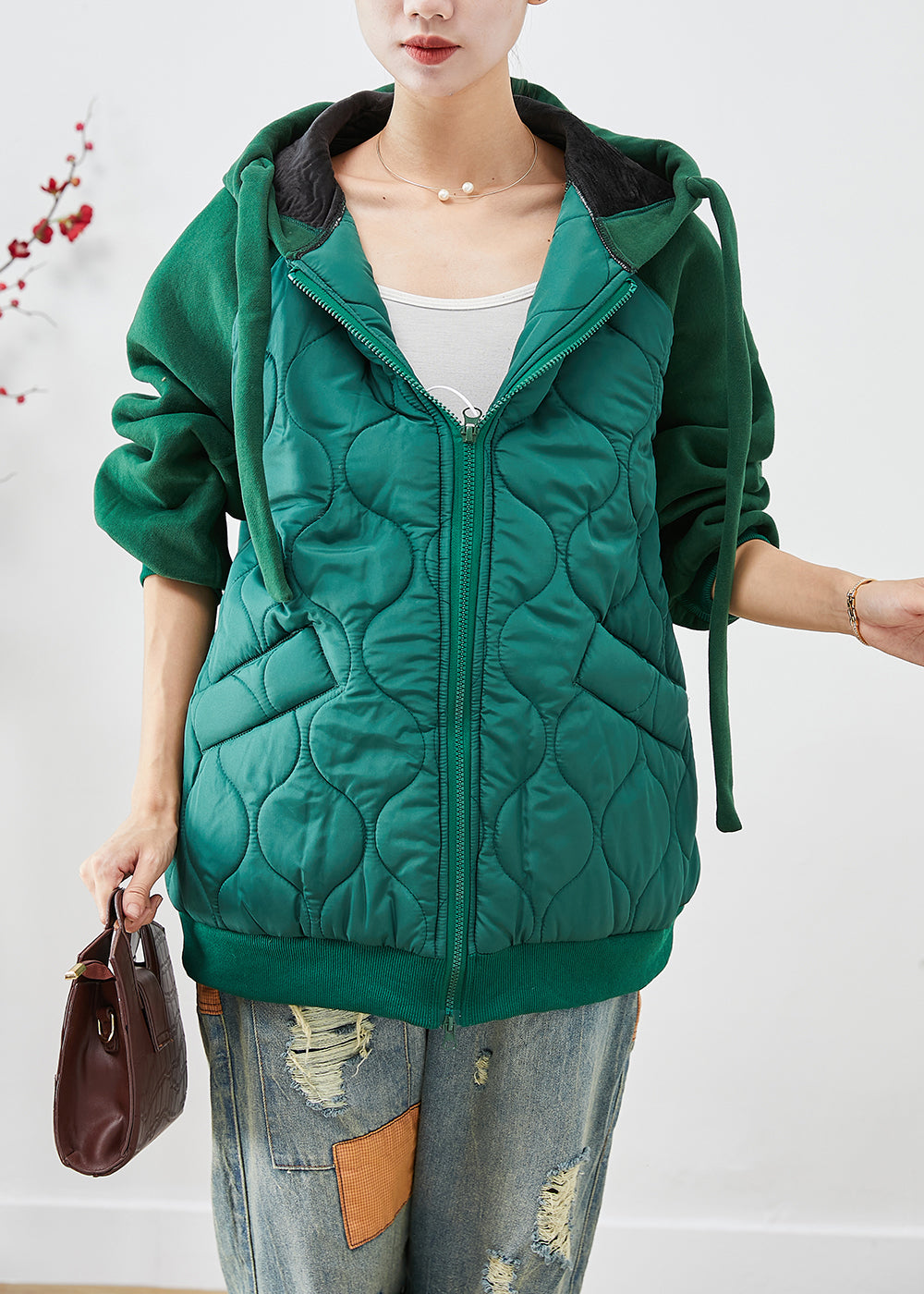 Handmade Green Hooded Patchwork Fine Cotton Filled Puffer Jacket Winter