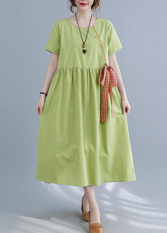 Handmade Green Loose Cotton Linen Summer Party Dress - Omychic