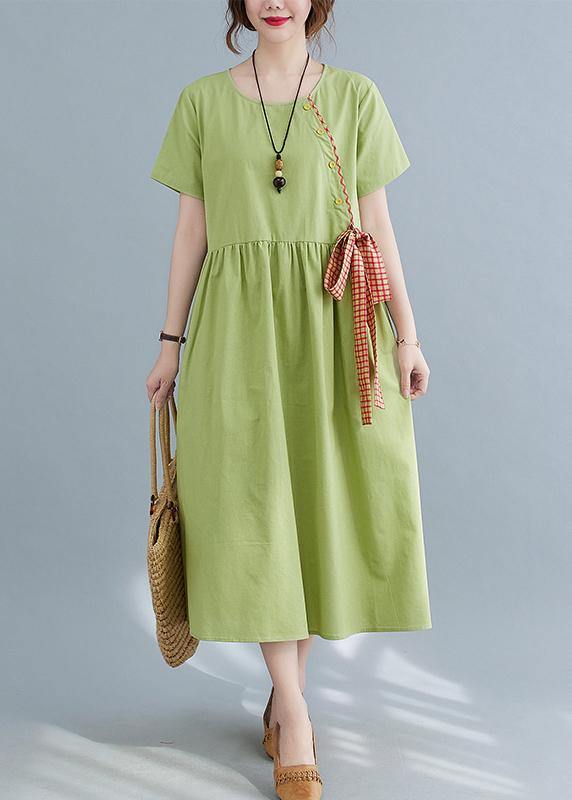 Handmade Green Loose Cotton Linen Summer Party Dress - Omychic