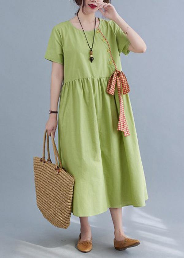 Handmade Green Loose Cotton Linen Summer Party Dress - Omychic