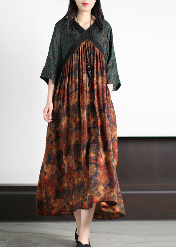 Handmade Green O-Neck Patchwork Print Silk Long Dresses