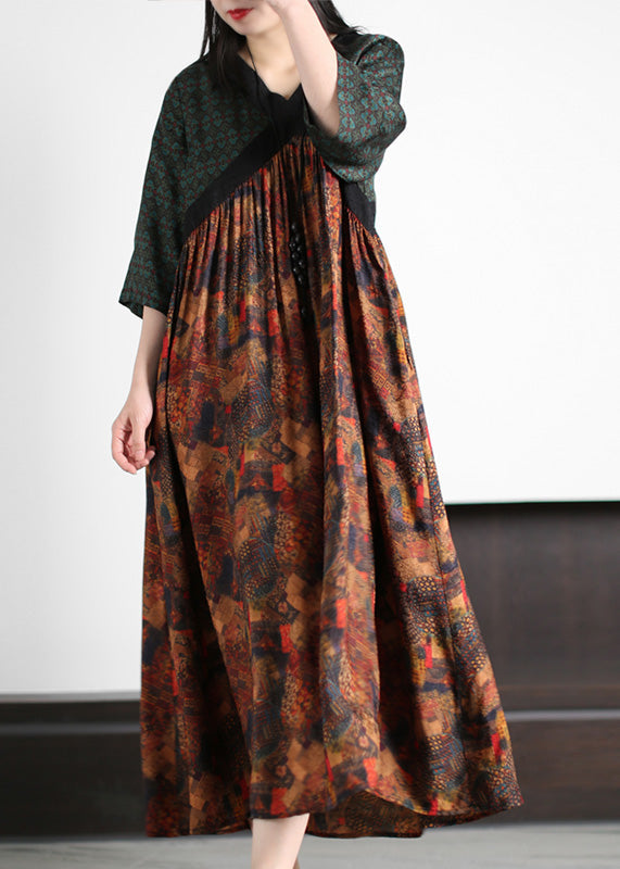 Handmade Green O-Neck Patchwork Print Silk Long Dresses