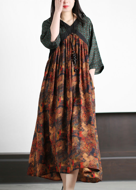 Handmade Green O-Neck Patchwork Print Silk Long Dresses