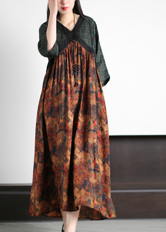 Handmade Green O-Neck Patchwork Print Silk Long Dresses