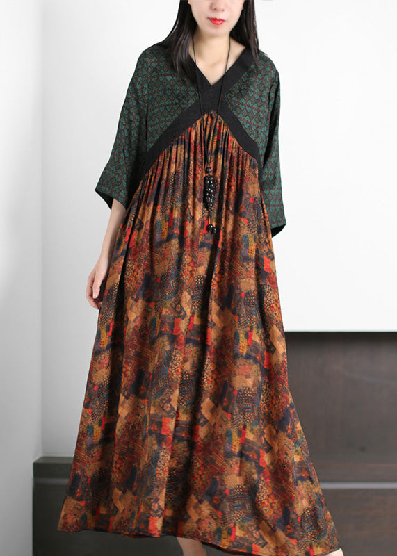 Handmade Green O-Neck Patchwork Print Silk Long Dresses