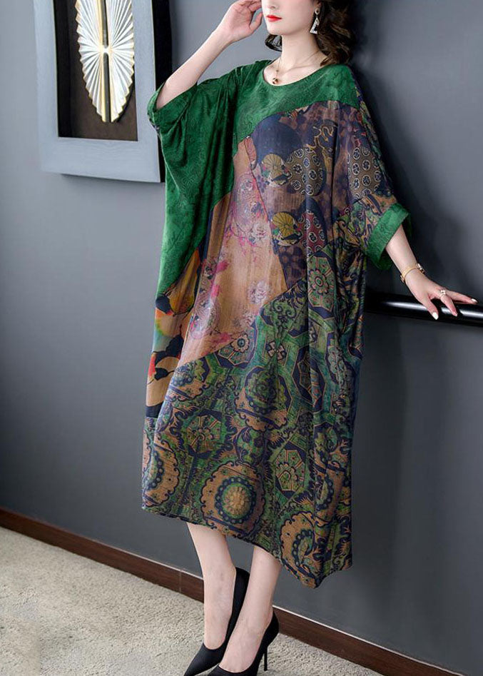 Handmade Green O Neck Print Patchwork Silk Long Dress Summer