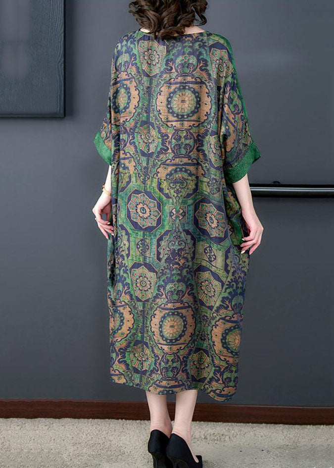 Handmade Green O Neck Print Patchwork Silk Long Dress Summer