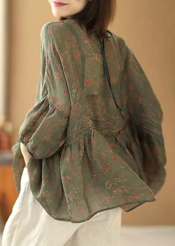 Handmade Green-texture O Neck Print Wrinkled Patchwork Cotton Top Summer