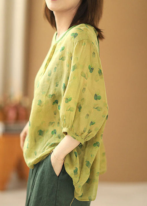 Handmade Green O-Neck Wrinkled Tie Dye Print Linen Blouse Tops Bracelet Sleeve