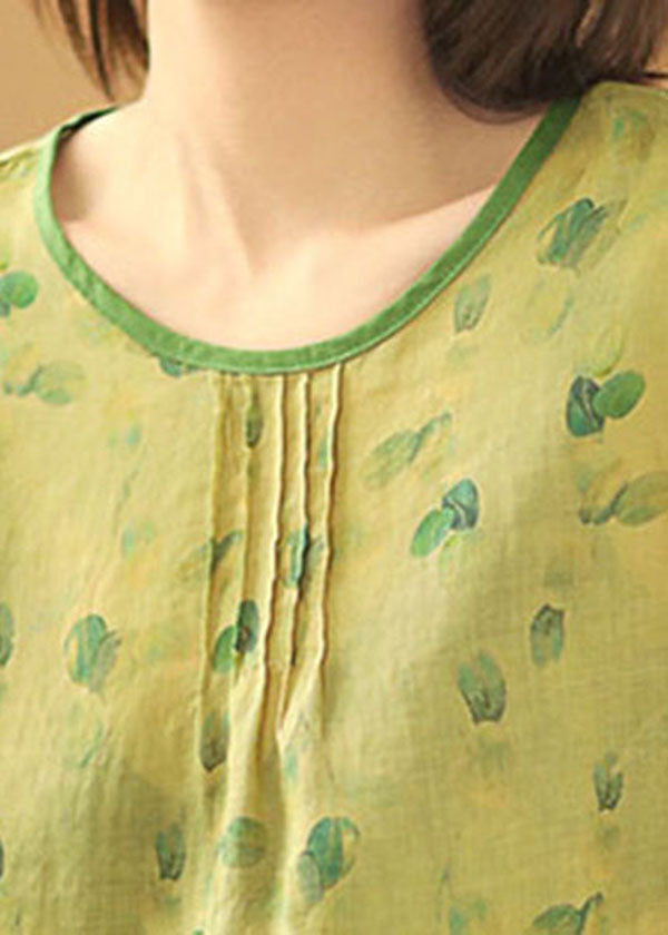 Handmade Green O-Neck Wrinkled Tie Dye Print Linen Blouse Tops Bracelet Sleeve