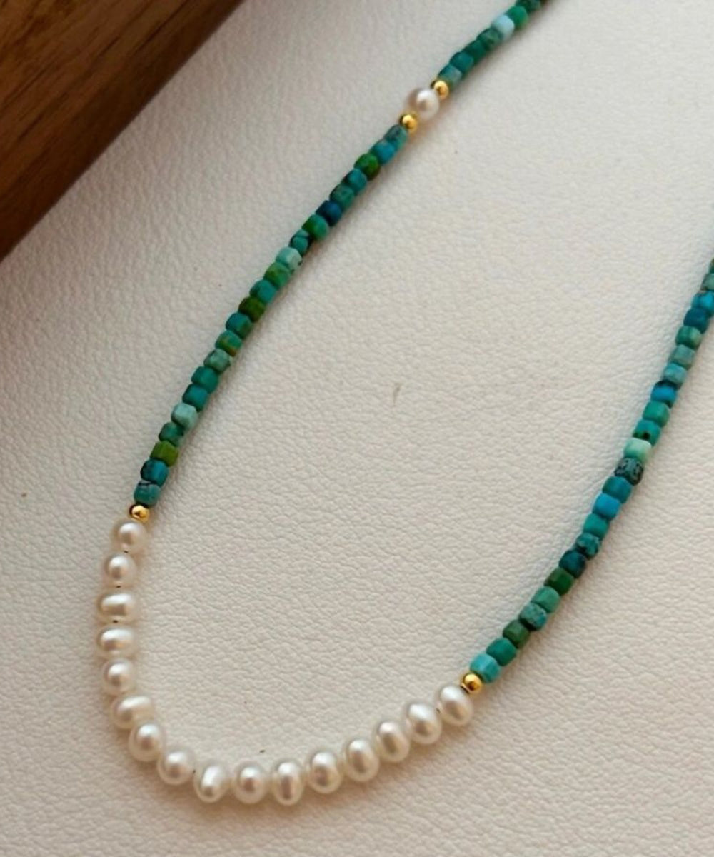 Handmade Green Patchwork Sterling Silver Overgild Turquoise Pearl Gratuated Bead Necklace