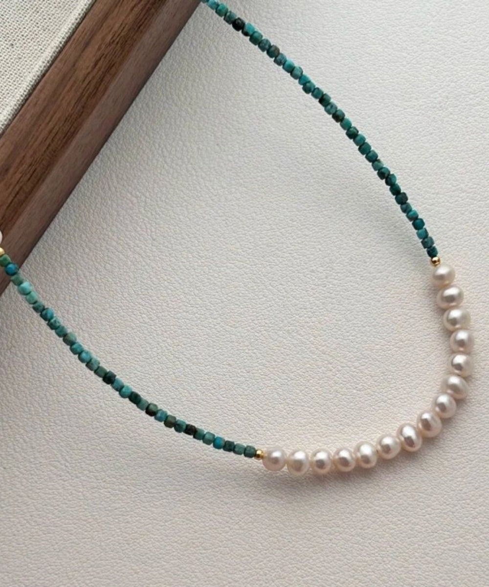 Handmade Green Patchwork Sterling Silver Overgild Turquoise Pearl Gratuated Bead Necklace