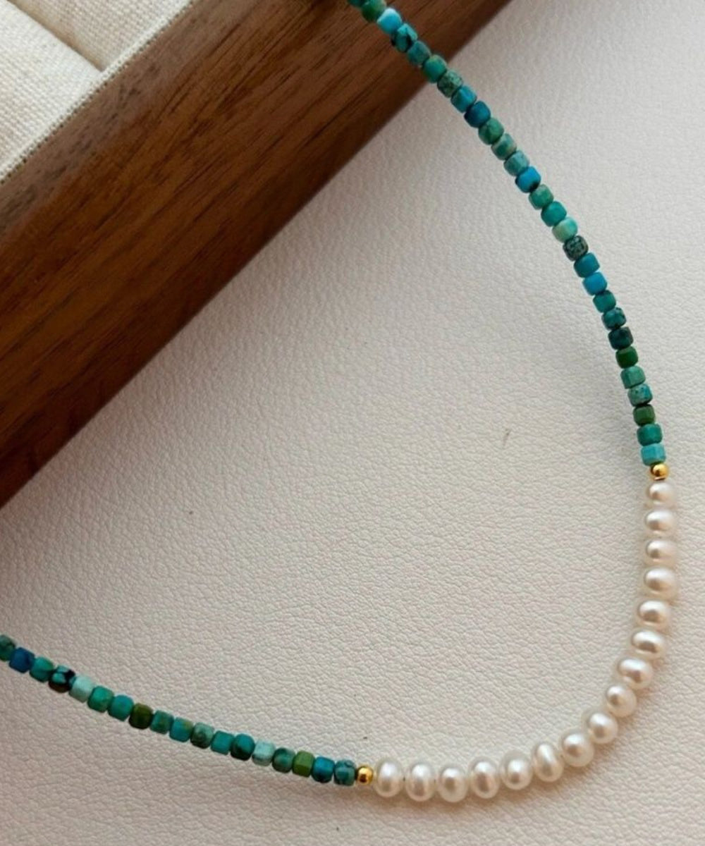 Handmade Green Patchwork Sterling Silver Overgild Turquoise Pearl Gratuated Bead Necklace