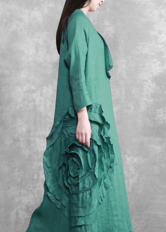 Handmade Green Pattern O Neck Three-Dimensional Decoration Maxi Dress - Omychic