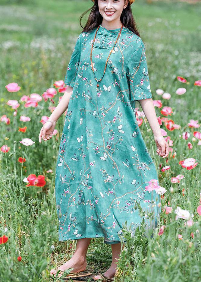 Handmade Green Print Dresses Stand Collar Short Sleeve Plus Size Spring Dress - Omychic