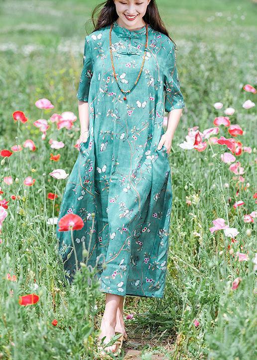 Handmade Green Print Dresses Stand Collar Short Sleeve Plus Size Spring Dress - Omychic