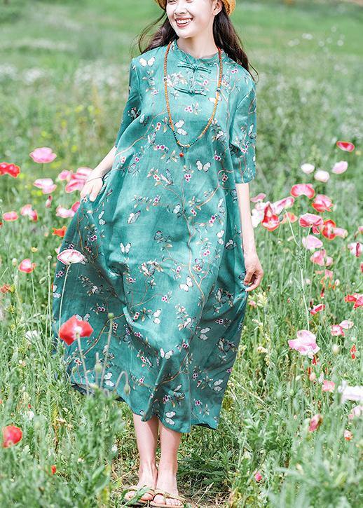 Handmade Green Print Dresses Stand Collar Short Sleeve Plus Size Spring Dress - Omychic