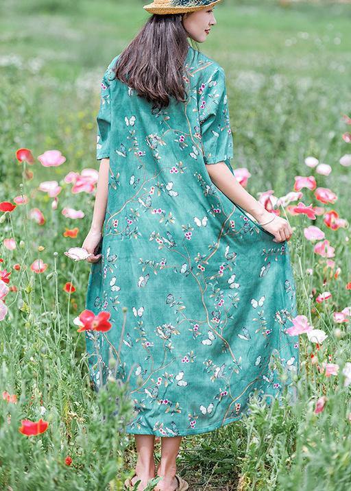 Handmade Green Print Dresses Stand Collar Short Sleeve Plus Size Spring Dress - Omychic