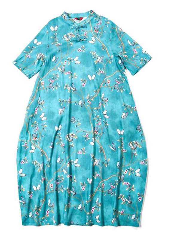 Handmade Green Print Dresses Stand Collar Short Sleeve Plus Size Spring Dress - Omychic